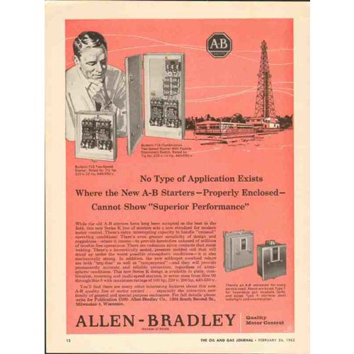 ALLEN-BRADLEY COMPANY 1962 A-B Starter Superior Performance vintage ad