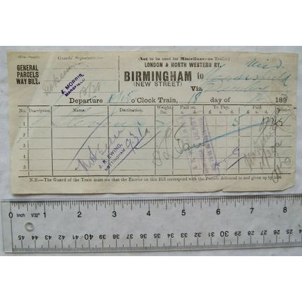 1897 London & North Western General Parcels Waybill Birmingham New Street