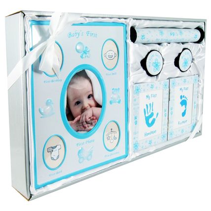 5pc Newborn Baby Boy Gift First Photo Frame Handprint Footprint Kit Blue White