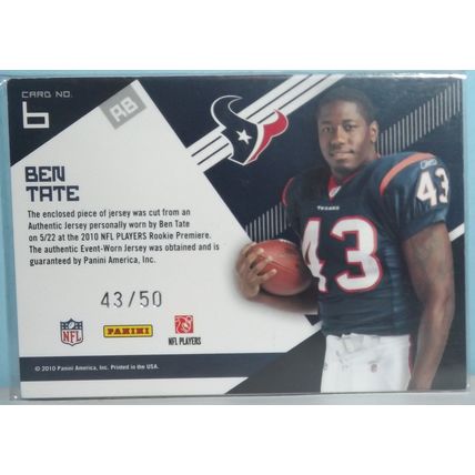 2010 Epix BEN TATE (Texans) Rookie Campaign Jersey #6 43/50 (jersey # match)