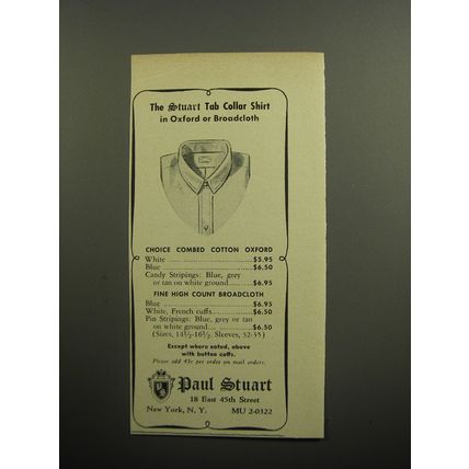1957 Paul Stuart Shirts Ad - The Stuart Tab Collar Shirt in Oxford or Broadcloth