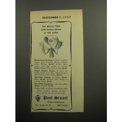 1957 Paul Stuart Shirts Ad - The Stuart Shirt with button-down or tab collar