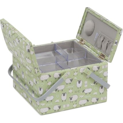 HobbyGift Large Twin Lid Sewing Basket Box - Square - Green Sheep Design