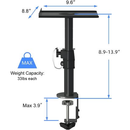 Suptek Clamp-On Speaker Stand Desk Mount Set, Height Adjustment, Tilt, Swivel, 9