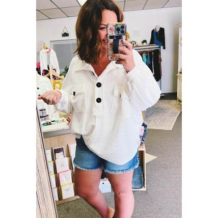 White Plus Size Long Sleeve Flap Pocket Henley Top