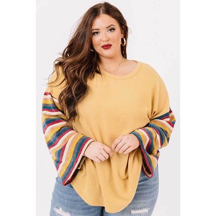 Yellow Serape Striped Bell Sleeve Plus Size Top