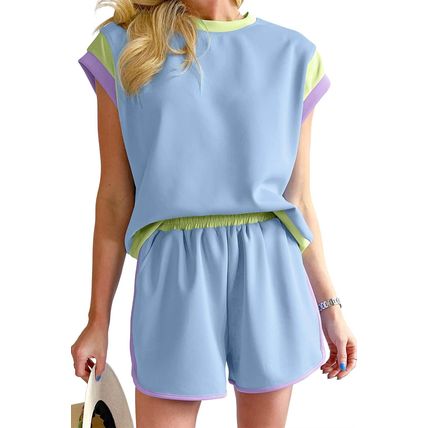 Blue Contrast Trim Cap Sleeve Tee Shorts Set