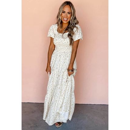 White Frilly Shirred Bodice Tiered Floral Maxi Dress