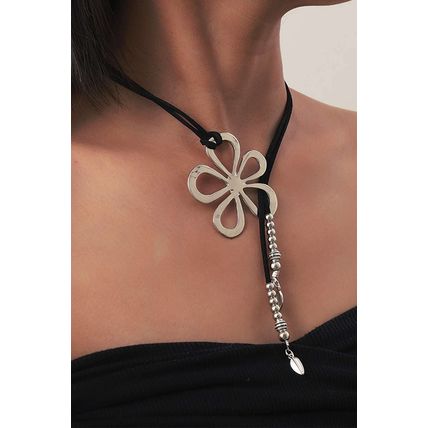 Silvery Hollow Out Floral Leather Rope Y-shaped Necklace
