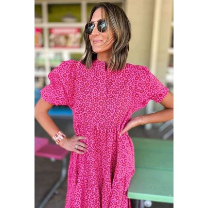 Rose Red Flower Mock Neck Puff Sleeve Tiered Maxi Dress