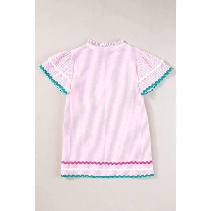 Pink Stripe Ricrac Trim Split Neck Striped Ruffled Sleeve Blouse