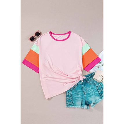 Pink Color Block Half Sleeve O Neck Plus Size T Shirt