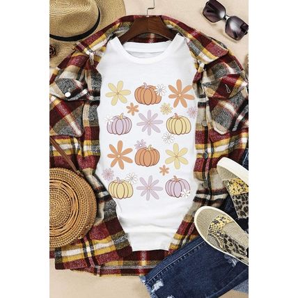 White Floral Pumpkin Graphic Crewneck Halloween T Shirt