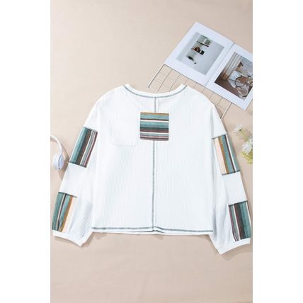 White Striped Patchwork Exposed Seam Waffle Knit Top