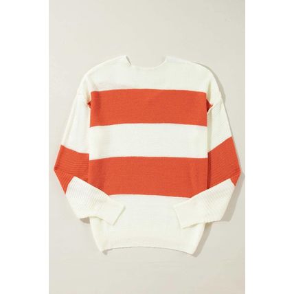 Orange Stripe Loose Color Block Drop Shoulder Bubble Sleeve Sweater