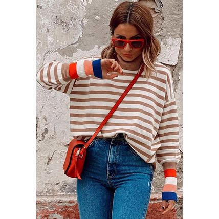 Brown Stripe Colorblock Bishop Sleeve Turtleneck Sweater