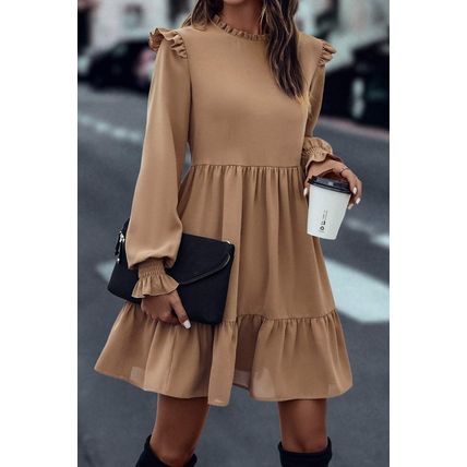 Light French Beige Frilled Collar Ruffled Shoulder Tiered Dress