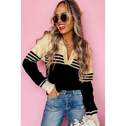 Black Colorblock Stripe Collared V Neck Sweater