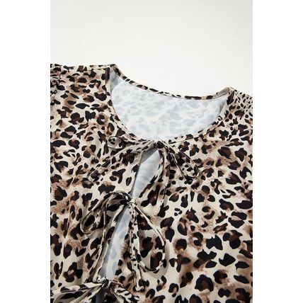 Khaki Leopard Print Lace-up Ruffled 3/4 Sleeve Plus Size Blouse