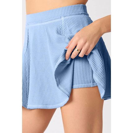 Sky Blue Corded Lantern Sleeve Top High Waist Ruffled Mini Skirt Set