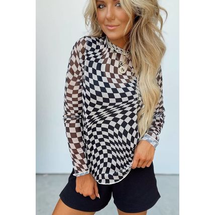 Black Checkered Pattern Mesh Mock Neck Long Sleeve Top
