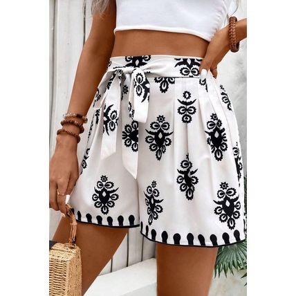 Black Tribal Geometric Print Belted High Waist Casual Shorts