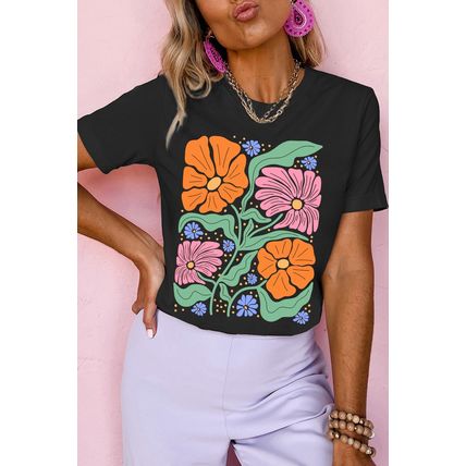 Black Colorful Flower Graphic Crewneck Summer Tee