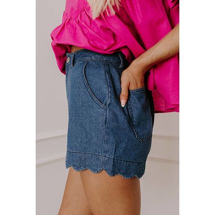 Sail Blue Scalloped Hemline Acid Wash High Waist Denim Shorts