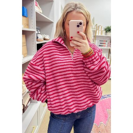 Pink Stripe Quarter Zip Fleece Oversize Sweatshirt