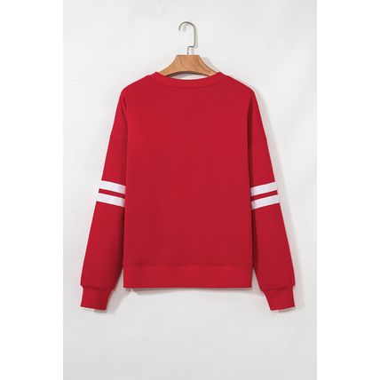 Fiery Red Sequin Baseball Patched Oversized Varsity Sweatshirt