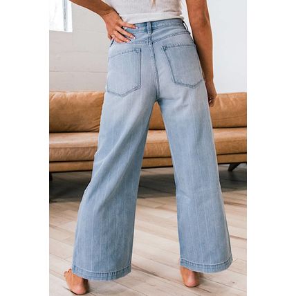Beau Blue Multi Buttons Pinstripe Wide Leg Jeans