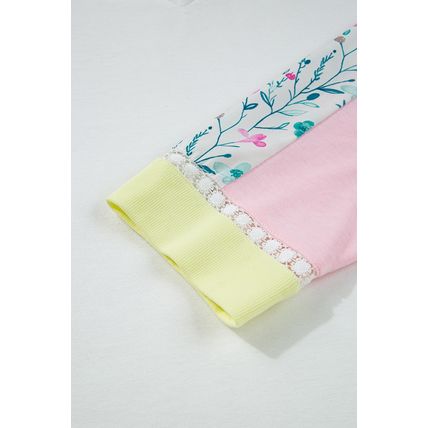 White Floral Colorblock Patchwork Chest Pocket Notched Neck Long Sleeve Top