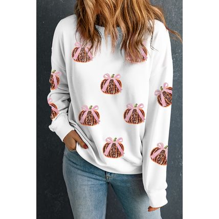 White Sequin Bow Pumpkin Patched Cotton Baggy Sweatshirt