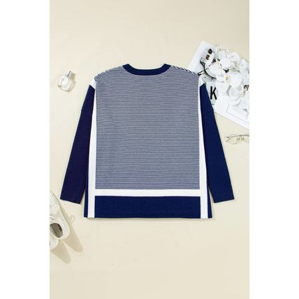 Blue Stripe Color Block Patchwork Dolman Oversize Tunic Sweater