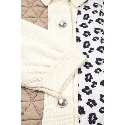 Khaki Leopard Waffle Quilted Patchwork Button Front Jacket