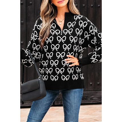 Black Cute Bow Pattern Drop Shoulder Zipped Collar Sweater