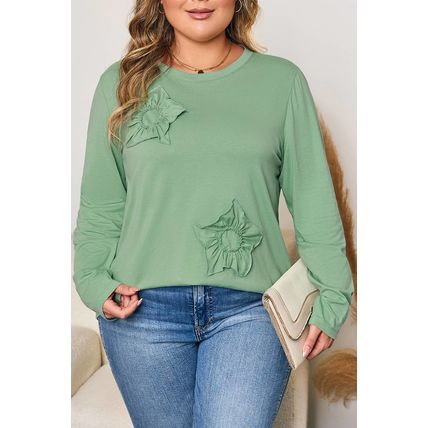 Grass Green Flower Applique Mineral Wash Plus Size Top
