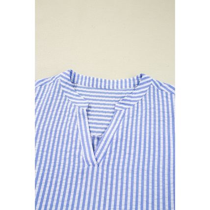 Sky Blue Stripe Bracelet Sleeve Tiered Shift Dress with Pockets