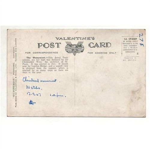 The Monument London Valentines Silveresque postcard