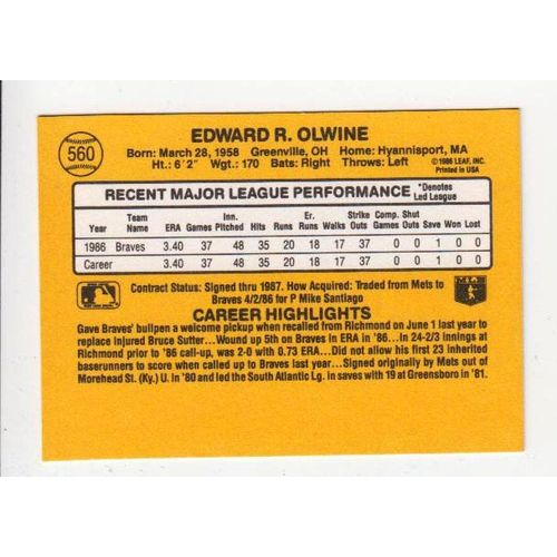 1987 Donruss Ed Olwine RC rookie card #560 –Braves