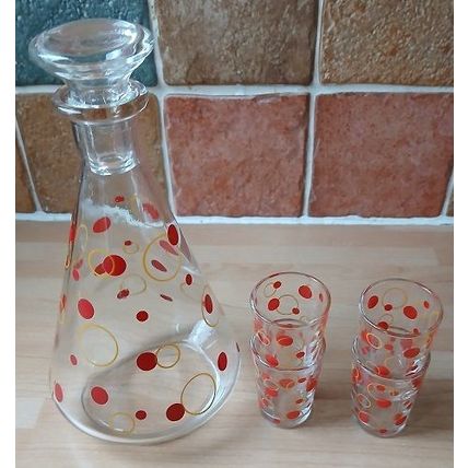 Red spot 'Atomic' Decanter with 4 shot glasses, retro, vintage, mid century