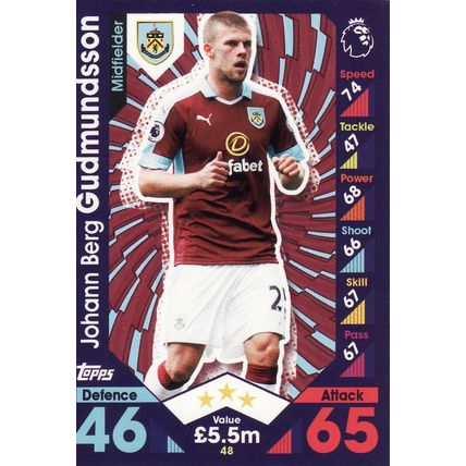 Match Attax 2016/2017 48 Johann Berg Gudmundsson Burnley