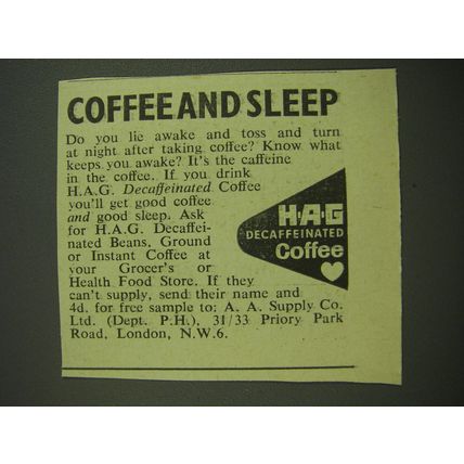 1968 HAG Decaffeinated Coffee Ad - Coffee and Sleep