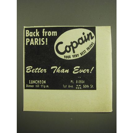 1949 Copain Restaurant Ad - Back from Paris