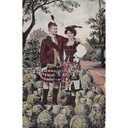 Multi Babies Mother in Scottish Romance Tartan Old Postcard