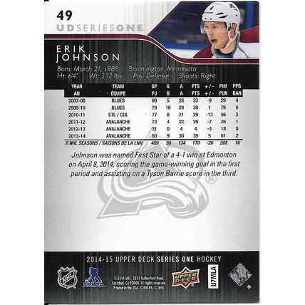 Upper Deck 2014-15 NHL Hockey Trading Card #49 Erik Johnson Jersey #6 Colorado