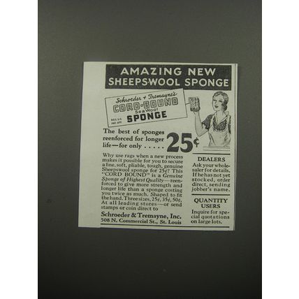 1933 Schroeder & Tremayne Sponge Ad - Amazing new sheepswool sponge