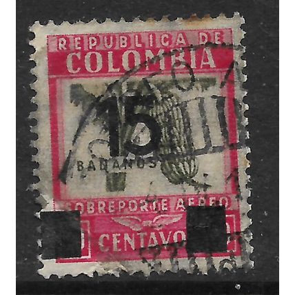 COLOMBIA 1939 AIRMAIL SURCHARGED 15c on 20c CARMINE BLACK OLIVE FINE USED