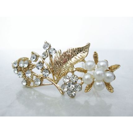 Silver or gold flower and leaf pearl crystal hair pin clip barrette