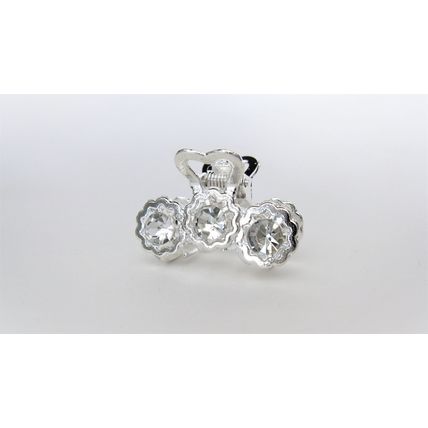 Small shiny silver metal three flowers hair claw clip with crystals